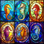 multi-colored stained glass window image of 6 sea horses.