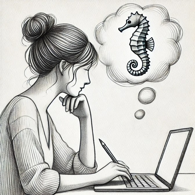 woman thinking of sea horse