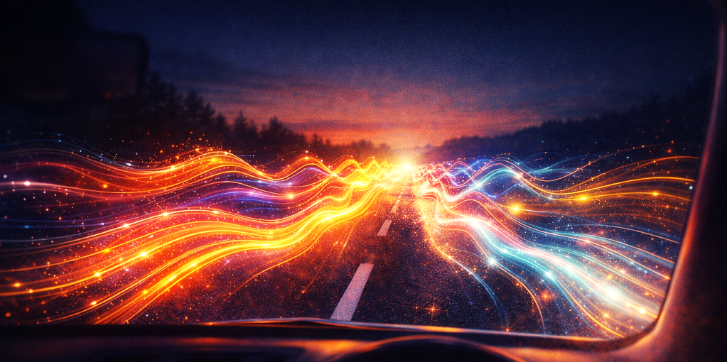 No vehicles, just ribbons of light, flowing on the road.