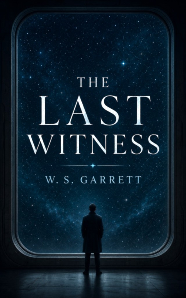 Silhouette of a person standing in front of a large window looking at a starry night sky, with the title 'The Last Witness' and author 'W. S. Garrett' displayed prominently.
