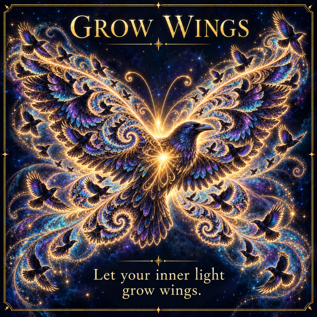 A colorful, ornate illustration of a phoenix-like bird with intricate feather patterns and glowing elements, surrounded by smaller birds in flight against a starry background, featuring the text 'Grow Wings' and 'Let your inner light grow wings.'