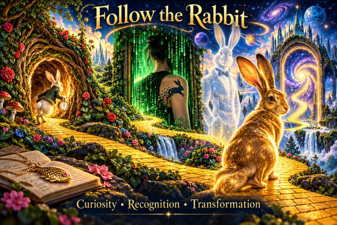 A fantasy scene featuring a glowing rabbit, a woman with a digital tattoo, a path winding through vibrant landscapes, and text that reads 'Follow the Rabbit' with themes of curiosity, recognition, and transformation.