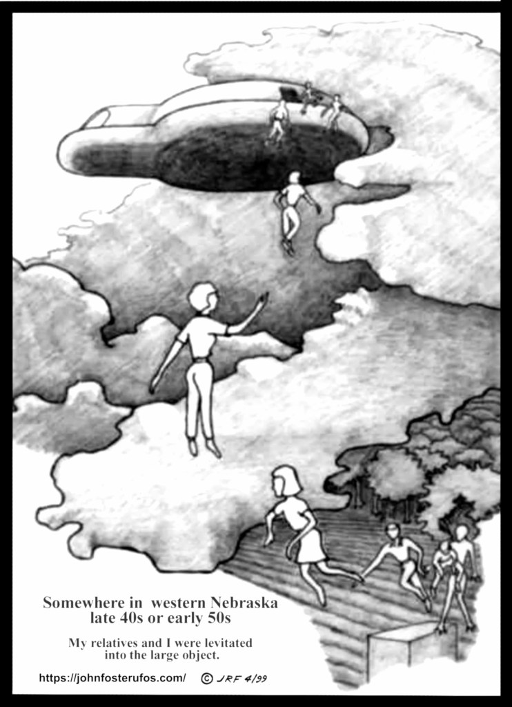 A black and white illustration depicting a group of people being levitated toward a large flying saucer, surrounded by clouds and trees, with a text box noting the setting as western Nebraska in the late 1940s or early 1950s.